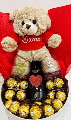 bear champagne and choclate delivery, valentiness hamper, valentines gifts, valentines flowers and gifts brendale, brendale bear and chocolates, strathpine bear and chocolates