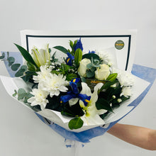 bouquet of blue and white flowers, baby boy flowers delivered brendale, strathpine baby boy flowers, sympathy blue and white flowers brisbane delivery, northside brisbane blue and white flower delivery, brendale bouquet blue and white flowers