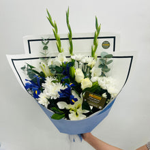 bouquet of blue and white flowers, baby boy flowers delivered brendale, strathpine baby boy flowers, sympathy blue and white flowers brisbane delivery, northside brisbane blue and white flower delivery, brendale bouquet blue and white flowers