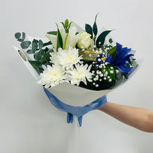 bouquet of blue and white flowers, baby boy flowers delivered brendale, strathpine baby boy flowers, sympathy blue and white flowers brisbane delivery, northside brisbane blue and white flower delivery, brendale bouquet blue and white flowers