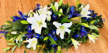 blue and white funeral casket, funeral casket flowers brisbane, brendale funeral flowers, albany creek funeral casket, bridgeman downs funeral flowers, blue and white sympathy flowers, coffin flowers delivered, coffin flowers albany creek, bridgman downs coffin flowers delivered