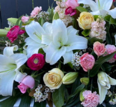blue and white funeral casket, funeral casket flowers brisbane, brendale funeral flowers, albany creek funeral casket, bridgeman downs funeral flowers, blue and white sympathy flowers, coffin flowers delivered, coffin flowers albany creek, bridgman downs coffin flowers delivered
