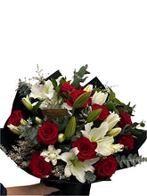 lilly and rose bouquet, bunch of lillies, bunch of red roses, big bouquets lillies, brendale lilly bunch, brendale red roses, valentines bouquets delivered brisbane, christmas flowers, red and white flowers brisbane, romance bunch flowers, romantic flower bunch, romantic flower bouquet, romance flowers