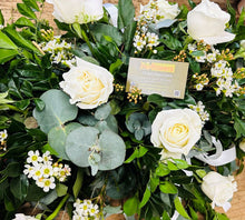 white rose funeral casket, funeral casket white roses brisbane, brendale funeral flowers, albany creek funeral casket, bridgeman downs funeral flowers, white rose sympathy flowers, coffin flowers in white roses delivered, coffin flowers albany creek, bridgman downs coffin flowers delivered, white rose caskets