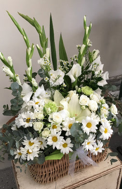 white basket arrangement, all white flower delivery, white flowers, brendale delilvery white, funeral flowers, basket of flowers